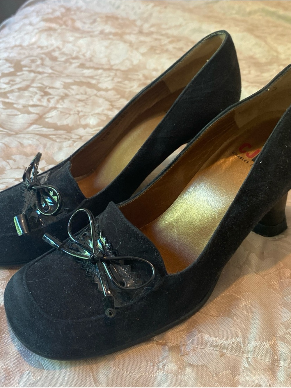 Charles Jourdan Black Suede Bow-Accent Pumps
